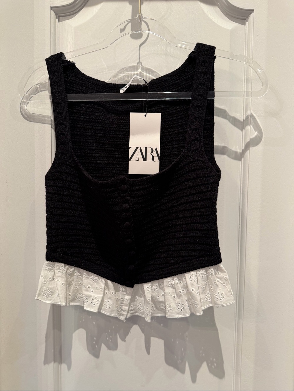 Zara Black Knit Sleeveless Tank with White Eyelet Ruffle NWT